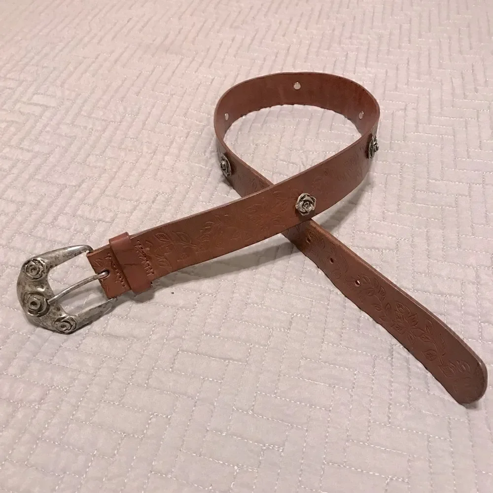 Leather Tack Belt with Silver Flowers and Embossed Leather